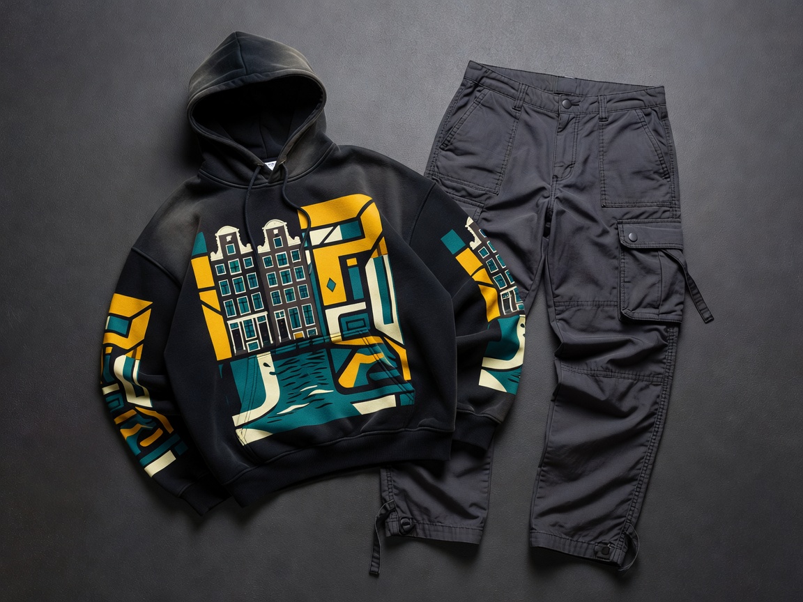 Flat-lay of an oversized graphic hoodie and cargo trousers on a graphite backdrop, representing Dutch streetwear style