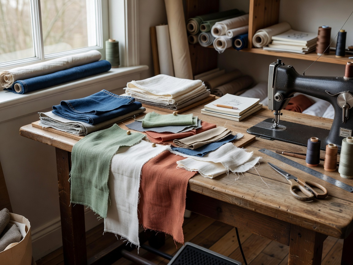 Small design studio workspace with fabric swatches and a sewing machine, representing an independent Dutch label