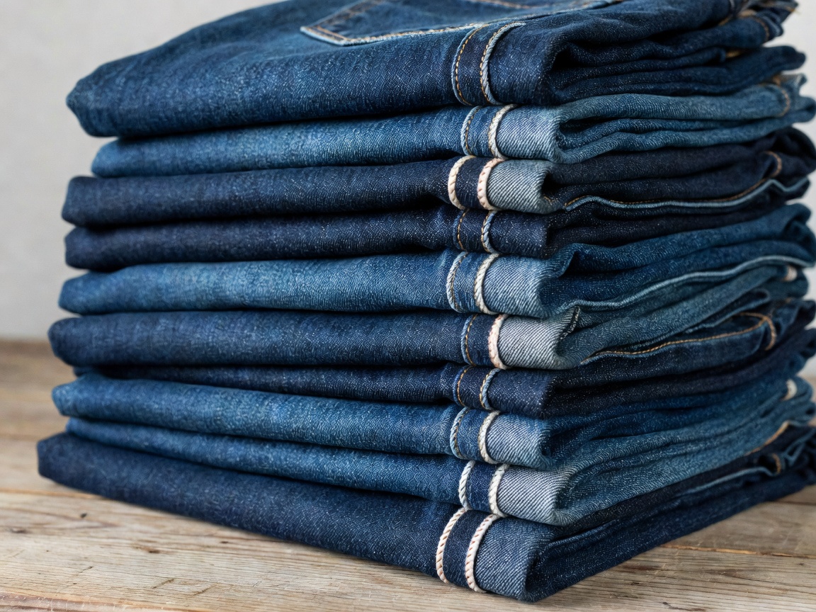 Stack of folded raw denim jeans showing selvedge edges, representing sustainable Dutch denim