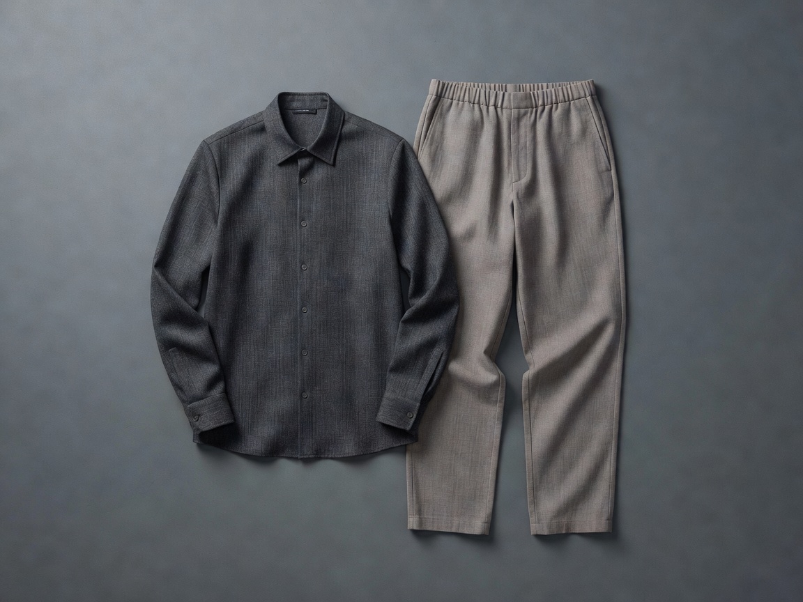 Tailored overshirt and relaxed trousers laid out on a graphite surface, representing contemporary Dutch menswear