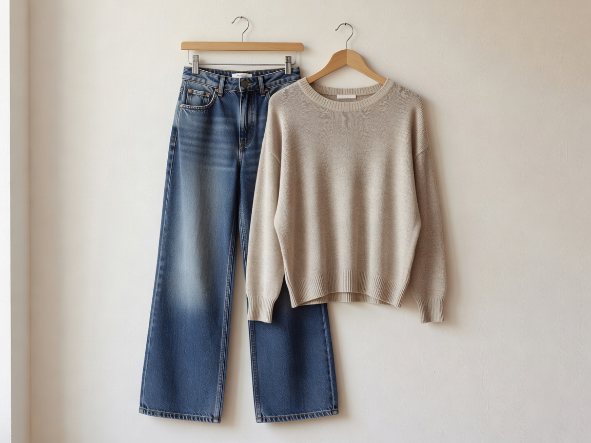 Wide-leg denim and a relaxed knit top styled on a hanger, representing Dutch womenswear and casual fashion
